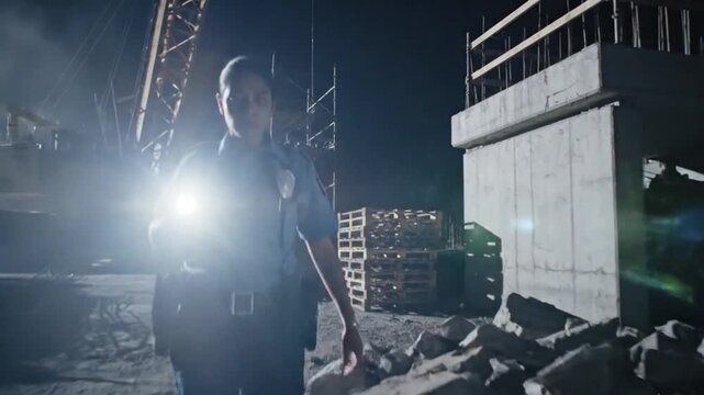 Lone security guard illuminating dark construction site perimeter with flashlight at night