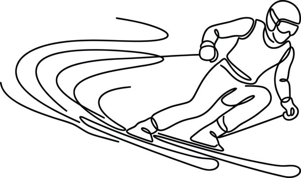 Continuous line drawing of a skier making a sharp turn on a snowy slope.
