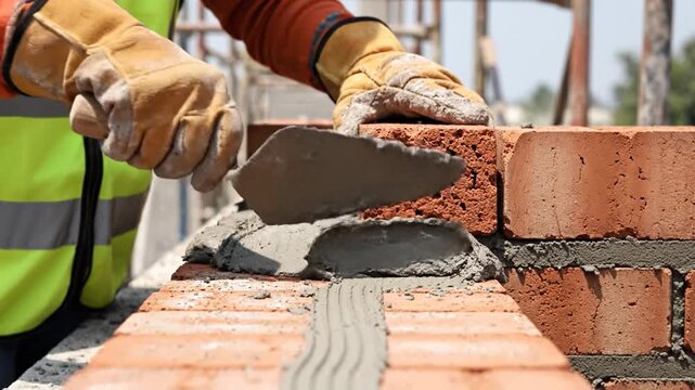 Skilled bricklayer meticulously applying mortar and placing red bricks to build a wall on a construction site