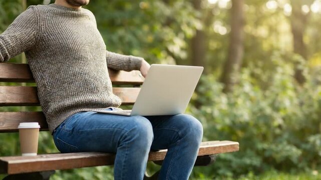 Man working on laptop sitting on bench in park. Freelancer typing on computer outdoor. Remote job and digital nomad lifestyle concept in autumn nature setting.