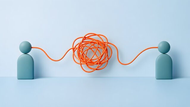 Network and communication barrier concept showing two teal figures linked by a tangled orange string representing interpersonal relationship conflict