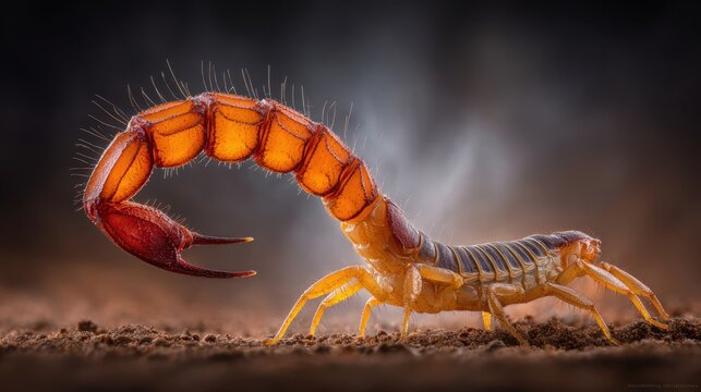 A segmented scorpion with a curved, menacing tail and raised claws poised for attack on dusty ground