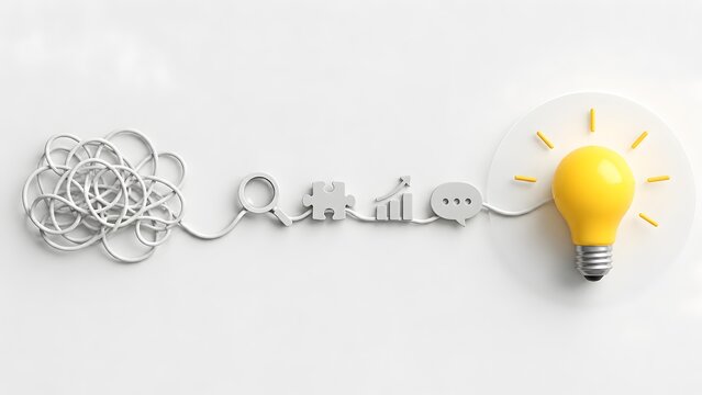 Step by step problem solving concept showing a tangled wire transforming through analytical icons into a bright idea and successful business solution