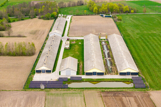 Aerial view of large industrial farm buildings with solar panels and a pond surrounded by green fields and trees in Zuromin, Masovian Voivodeship, Poland.