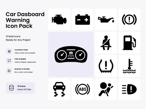 Bold Car Dashboard Warning Icon Set with Engine Check Battery Oil Drop Brake Alert Car Dashboard Seatbelt Fuel Pump Tyre Pressure Coolant Temperature Traction Control ABS Airbag and Headlight Fault Sy