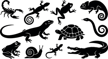 Reptile silhouette vector set with lizard frog turtle snake alligator black icons isolated on transparent checkered background © Silhouette gallery!