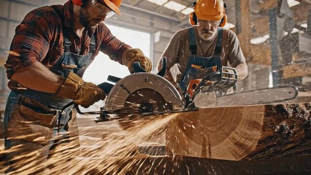 Skilled Carpenters Operating High-Powered Saws on Rough Hewn Timber in a Workshop