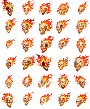 RPG magic fire spells icon set, flame fireballs and burning skulls collection grid for game UI design