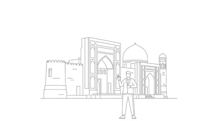 Naklejka premium Diplomat standing in front of an ancient islamic madrasa
