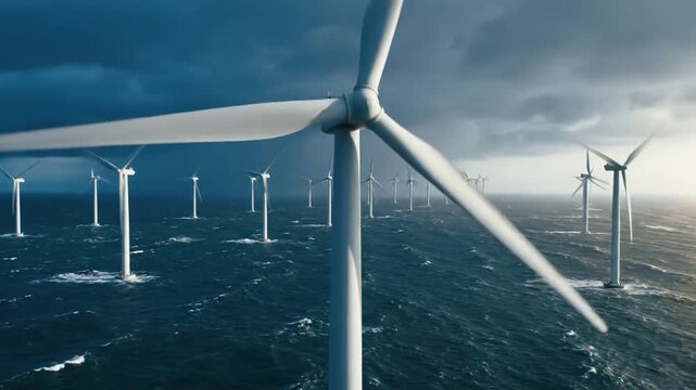 Massive offshore wind farm with rows of turbines generating renewable energy in a turbulent ocean under a dramatic sky