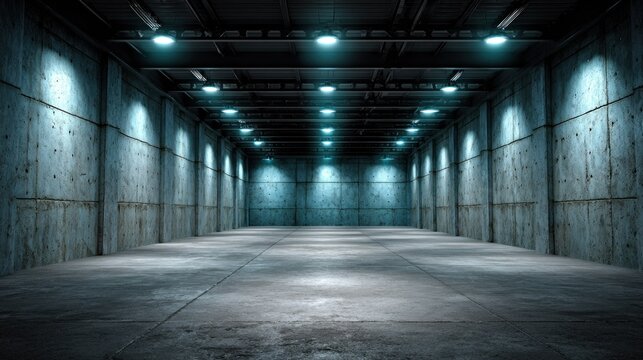 Long empty industrial space illuminated by bright ceiling lights creates a dramatic interior scene.