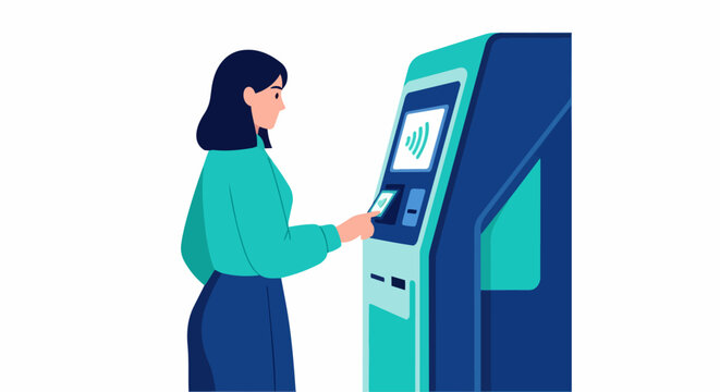 Woman Using Contactless ATM Kiosk Vector Illustration - Modern Fintech Self-Service Banking and Digital Payment Concept