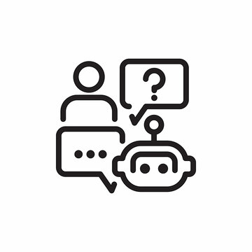 Chatbot Conversation Icon with User and AI Question,Outline icon depicting a user interacting with a chatbot, represented by a human silhouette and a robot head with speech bubbles, one showing ellips