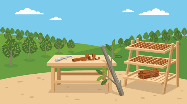 Woodworking tools on workbench in forest landscape flat design