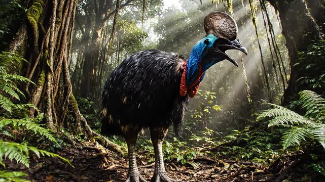Solitary Southern Cassowary calling out in the dense, sun-dappled rainforest jungle