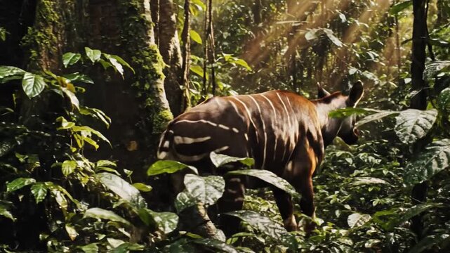 Solitary Okapi emerges from dense tropical rainforest foliage, showcasing its unique striped markings in dappled sunlight.