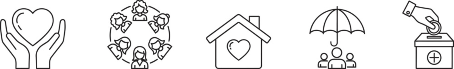 Fototapeta premium Charity and social support outline set featuring symbols of care, community, housing, protection, and donation for non-profit organizations