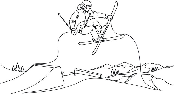 Skiing jump trick line art, winter sports freestyle, mountain landscape background