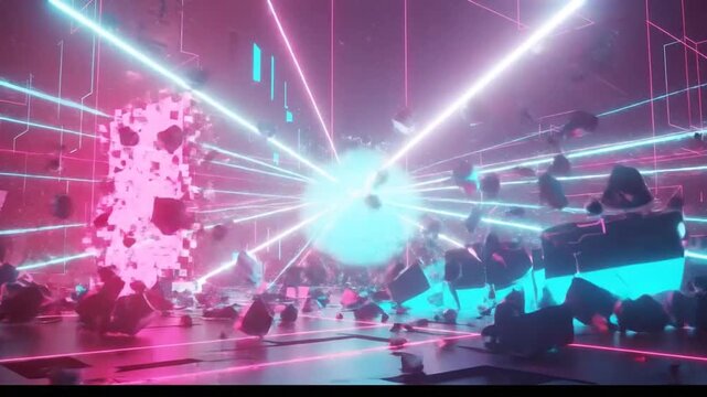 Futuristic neon light show with abstract shapes and vibrant colors.