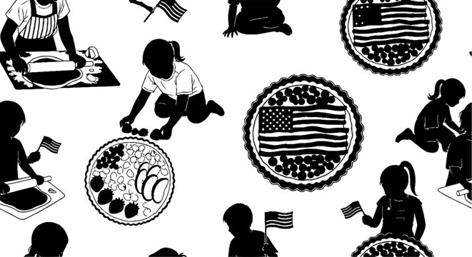 Kids baking american flag fruit pies seamless pattern
