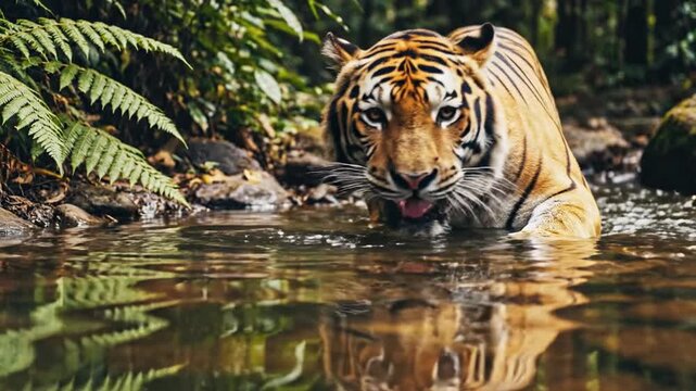 Majestic Bengal tiger drinks from a jungle stream, low angle, with lush forest and reflection