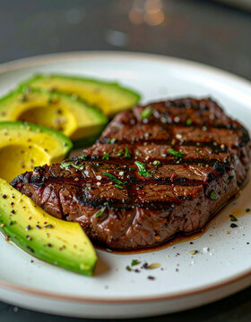 Grilled steak served with fresh avocado slices, traditional international cuisine concept, appetizing meal presentation, juicy meat. Close-up.