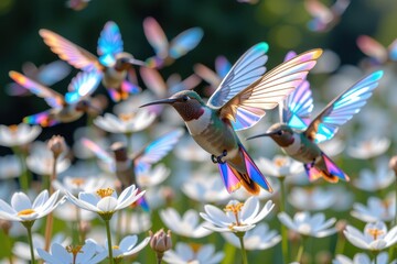 Fototapeta premium Hummingbirds hover above white daisies