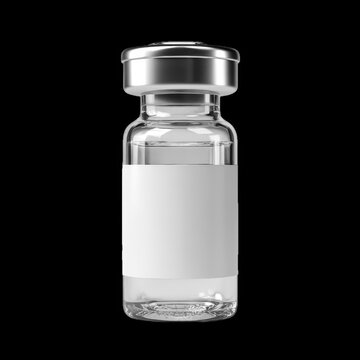 Clear glass vial with silver cap and white label isolated on transparent background