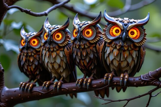 Four ornate owls perch on a gnarled tree branch