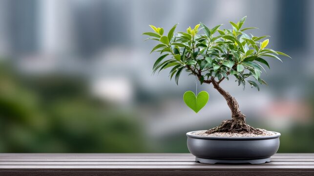 Bonsai tree with a green heart decoration stands on a table in a city setting