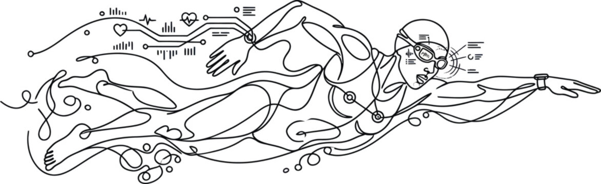 Swimmer with Digital Health Data Overlay, Tech Integration, Sport Performance