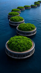 Obraz premium Climate change adaptation floating island mangrove ocean sustainable architecture green roof coastal protection renewable energy