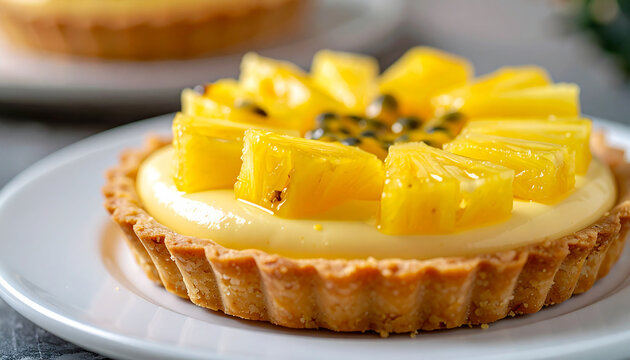 Delicate tartlet with smooth passion fruit cream and juicy pineapple slices, tasty dessert and gourmet food concept. Close-up.