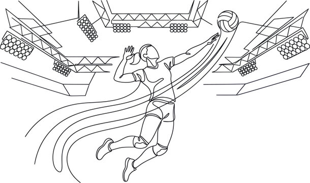 Volleyball Player Spiking Ball in Arena - Dynamic Action Line Art