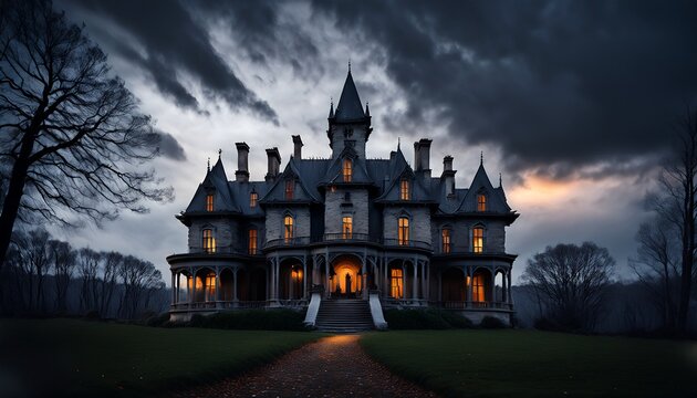 The Haunted Manor A Chilling Gothic Mansion Stands Silhouetted Against A Stormy Twilight Sky Its Foreboding Presence Dominating The Landscape Explore The Enigmatic Aura Of This Eerie Residence