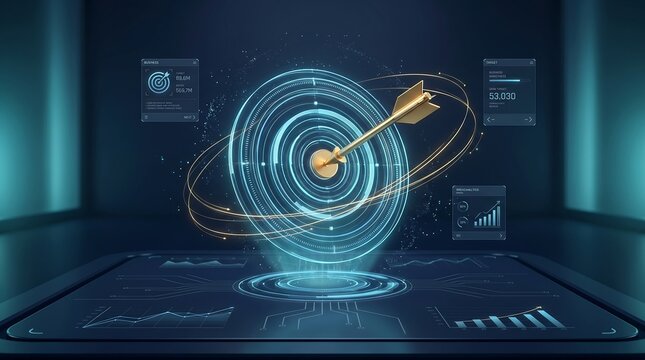 Target arrow hitting the bullseye in a holographic visualization represents precise business goals and the successful achievement of strategic objectives within a professional environment.
