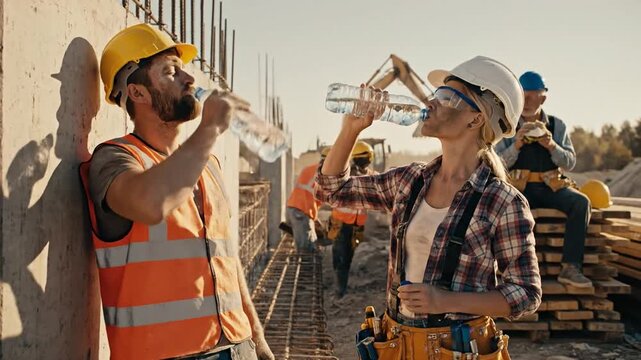 Construction workers take a moment of respite drinking water from bottles on a sunny build site
