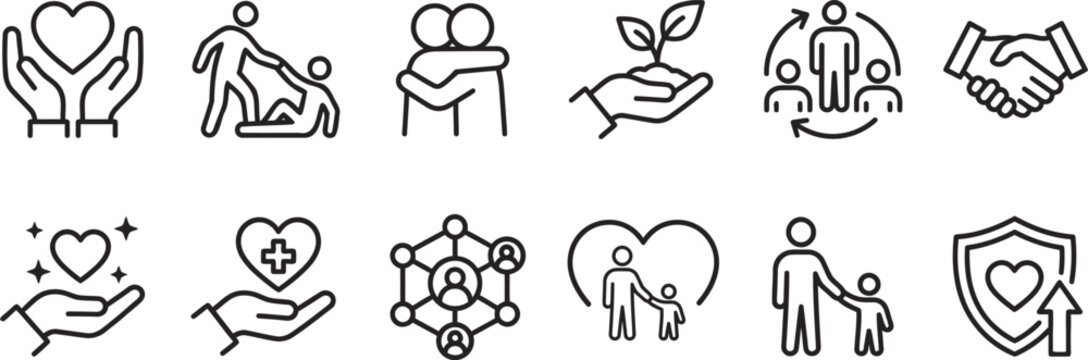 Set of social responsibility and charity line featuring hands hearts people and community support symbols for non profit organizations