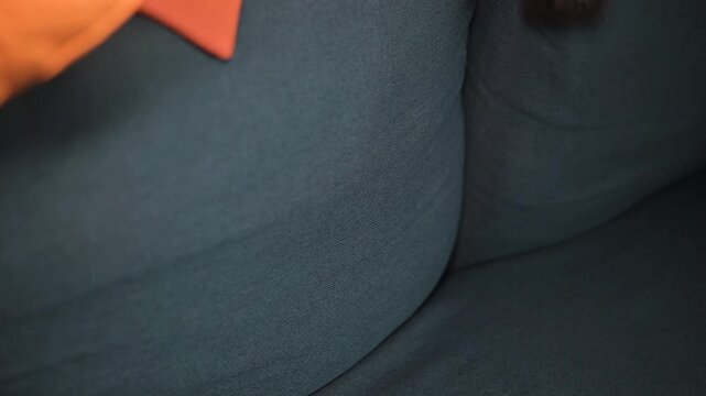 A person vacuums a couch in a living room to remove dust and debris from the upholstery.