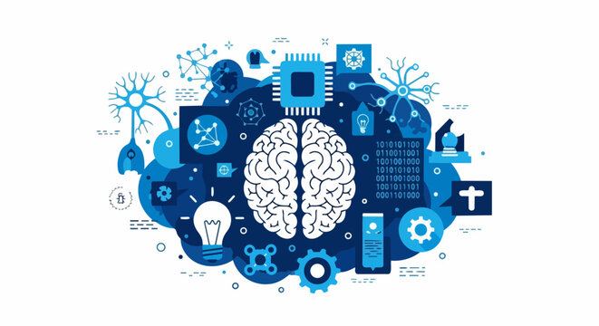 Artificial Intelligence and Machine Learning Concept Illustration Featuring Human Brain, Digital Neural Networks, Binary Code, and Innovation Icons on White Background