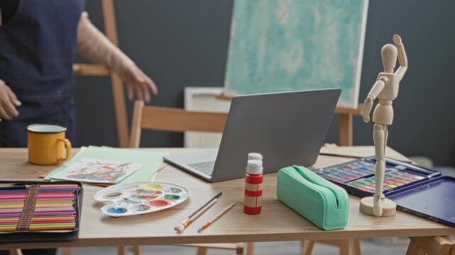 Woman painter in apron types on laptop with hand raised, wooden mannequin and watercolor set on table in studio; focused creativity.