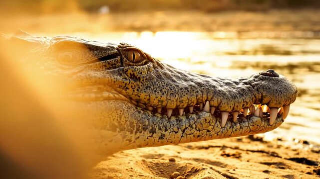 Majestic Gharial Sunning Itself on a Sandy Riverbank in Golden Hour Light