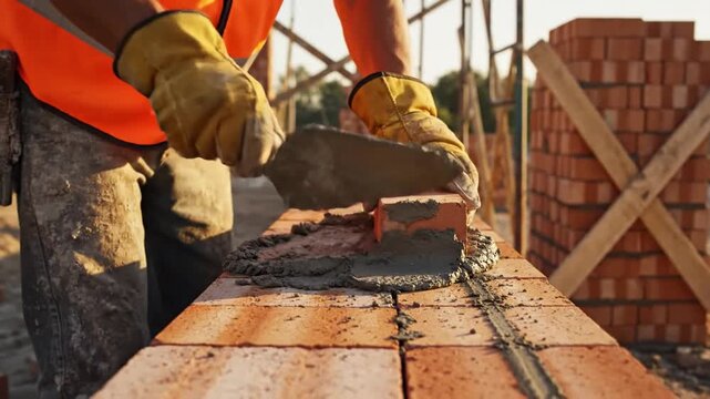 Skilled construction worker meticulously laying bricks to build a new wall with trowel and mortar