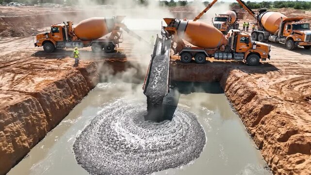 Massive Orange Concrete Trucks Pour Foundations in Dug Trench Under Harsh Sunlight