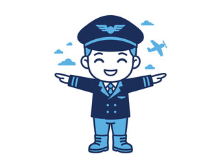 Cheerful cartoon pilot character with outstretched arms and airplane in background © puja