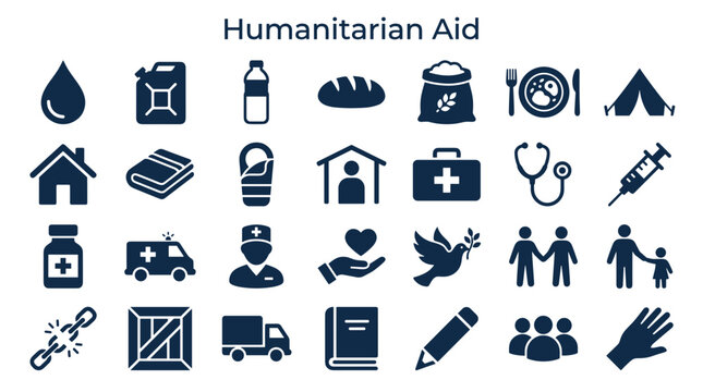 Humanitarian Aid Icons Representing Support, Relief, and Assistance Services for People in Need