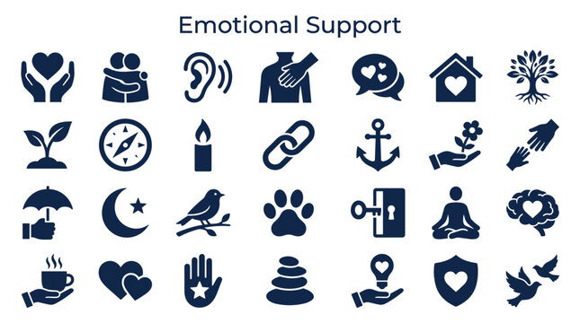 Collection of emotional support icons representing care empathy connection and well-being symbols for mental health and community services