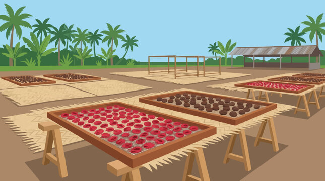 Coffee Beans Drying Farm Tropical Landscape Flat Design Vector