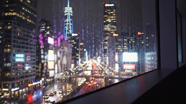 Nighttime Cityscape View Through a Window - Illuminated Buildings and Traffic.