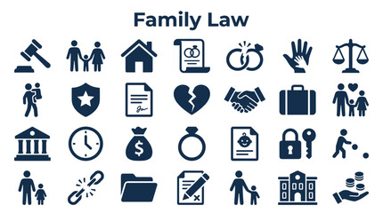 Collection of family law icons representing legal concepts like marriage divorce custody support property and protection services